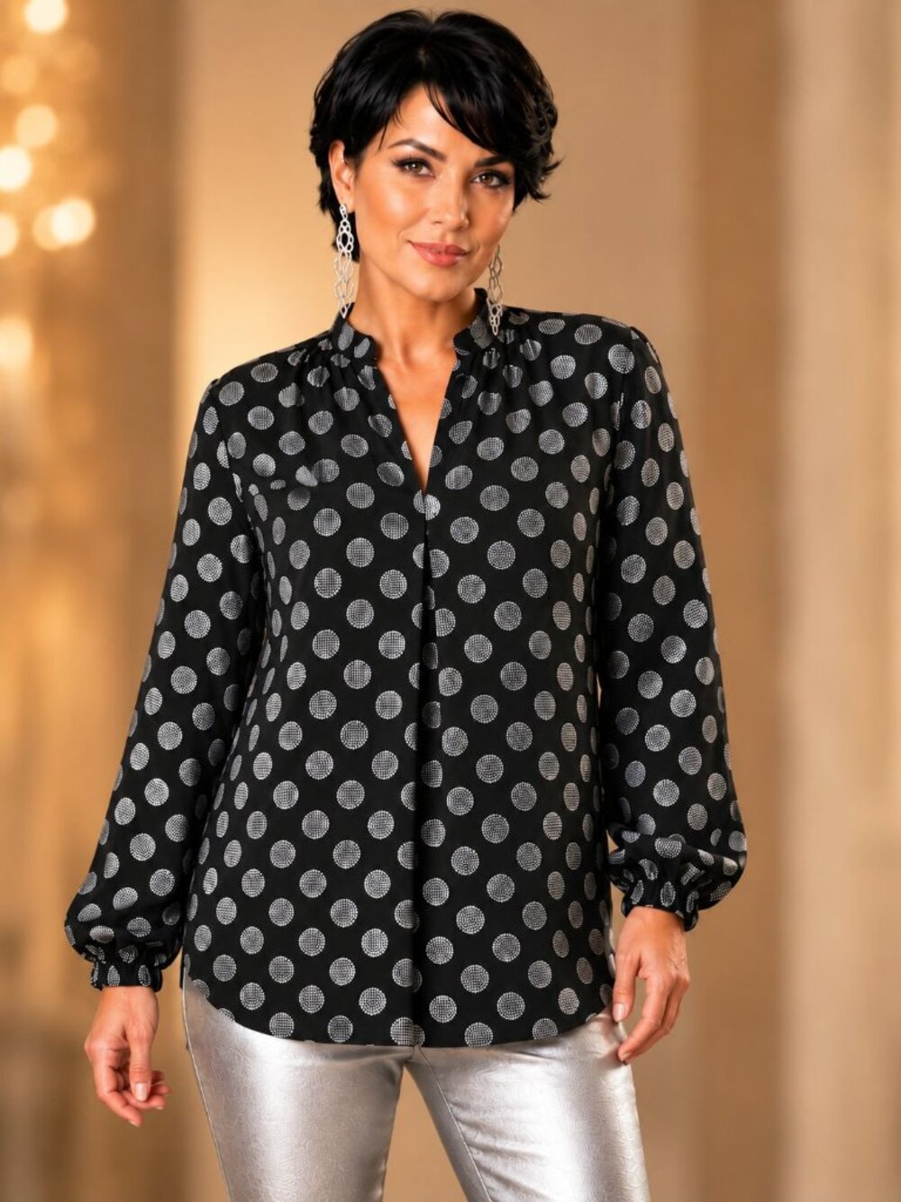 Michael Kors 1X Black Silver Dot Blouse Top Long Sleeve Pleated V-Neck Plus Size
